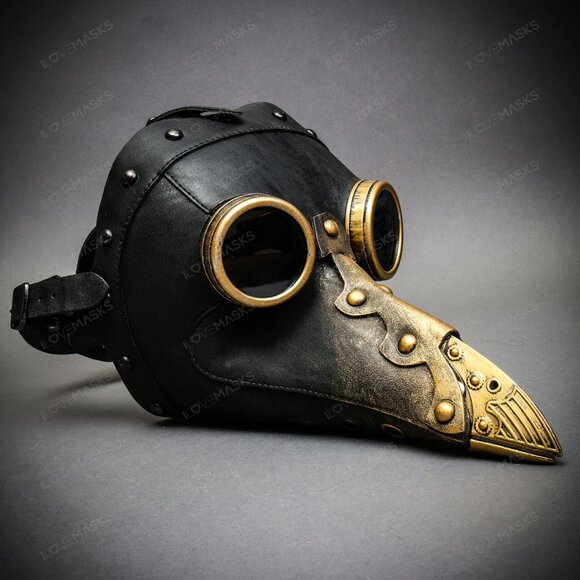 Black Steampunk Plague Doctor w/ GOLD Goggle Short Bird Beak Halloween Mask - Picture 3 of 6